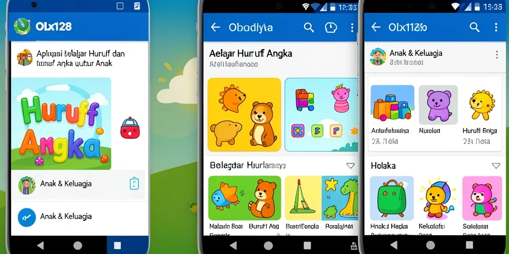 Antarmuka aplikasi OLX128 yang menarik dan interaktif untuk belajar huruf dan angka.