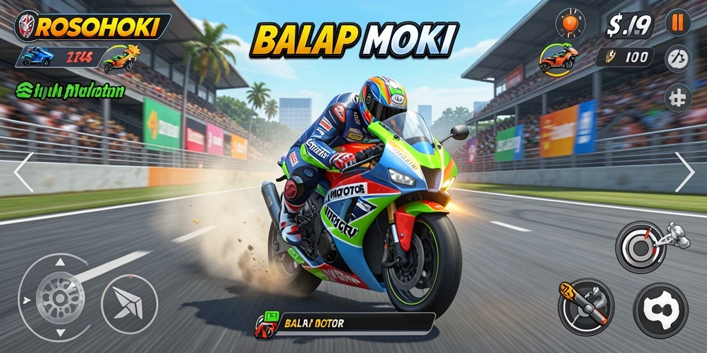 Antarmuka pengguna ROSOHOKI dengan berbagai fitur balapan motor yang menarik.