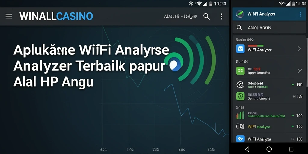 Screenshot aplikasi WiFi Analyzer WINALLCASINO menampilkan grafik kekuatan sinyal dan kecepatan.